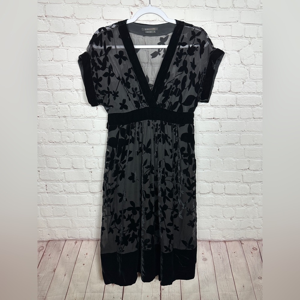 BCBG Maxazria black V-neck velour silk overlay midi dress with lining, sz 2, GUC
